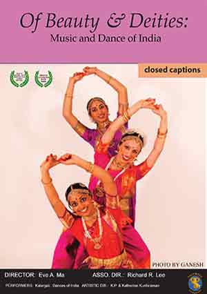 Image for film: 'Of Beauty & Deities'. Cover has three smiling 
                    women from the Indian diaspora wearing brighty colored clothing posed with their arms above their heads in a closed 
                    circular shape.