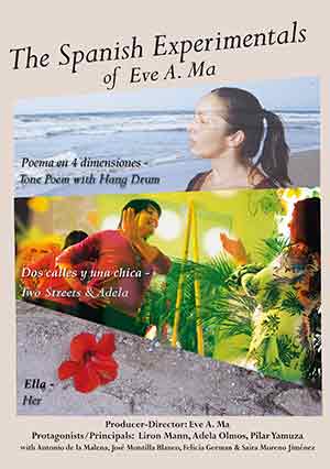 Design for film: The Spanish Experimentals. Design has 3 images. 
                    On the top there is a woman looking out at ocean;  secondly there are 2 women dancing in a room, and finally 
                    there is a red hibiscus flower sitting on pavement